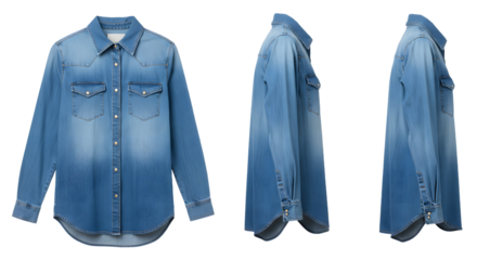 A stylish denim shirt displayed from multiple angles, showcasing its design and texture against a neutral background