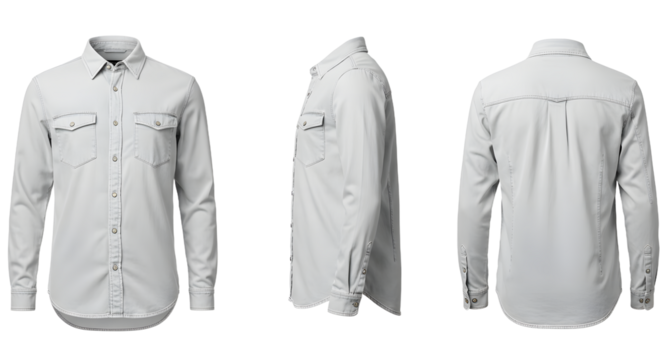 A stylish, light gray long-sleeve shirt displayed from three angles, showcasing its design and fabric texture