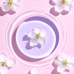White Cherry Blossom in Lavender Bowl on Pink Rippled Water
