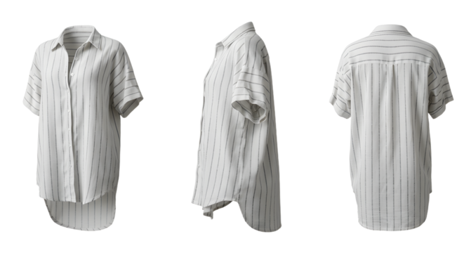 A stylish short-sleeve striped shirt displayed from multiple angles, showcasing its design and fabric texture against a neutral background