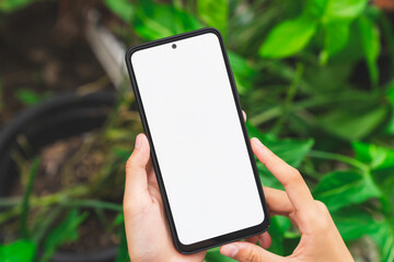 Hand holding smartphone with blank screen for graphic display montage on outdoors background, mockup display for lifestyle and wireless technology.