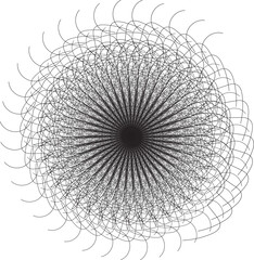 Abstract geometric black and white spiral wire pattern design with a swirling metallic sphere texture