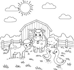Naklejka premium Cute Farm Animals in a Sunny Meadow Illustration,Coloring pages,Coloring Book