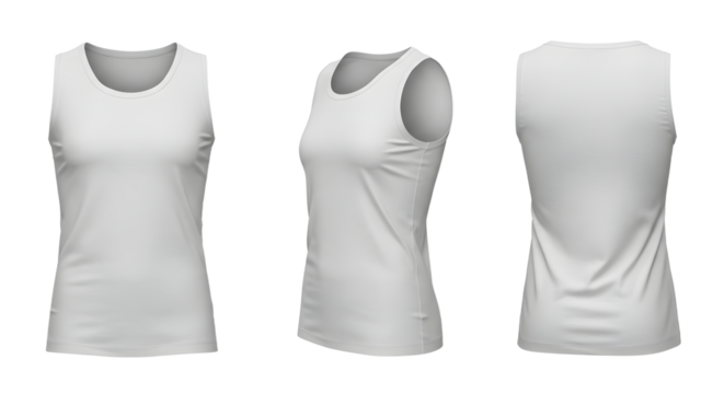 A versatile white tank top displayed from three angles, perfect for casual wear, showcasing its simple design and adaptability