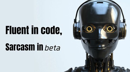 Humor robot with poker face and message of self-deprecating humor, sarcasm, emotional robot