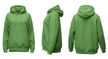 A vibrant green hoodie displayed from multiple angles against a plain background, showcasing its design and fit for apparel marketing