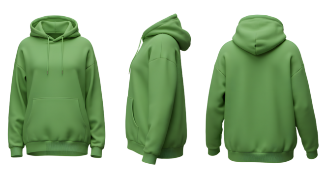 A vibrant green hoodie displayed from multiple angles against a plain background, showcasing its design and fit for apparel marketing