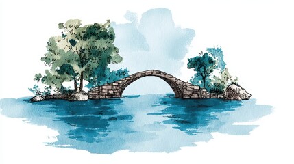 Fototapeta premium Watercolor illustration of a stone bridge over a tranquil body of water with trees on an island.
