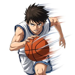 Dynamic anime style illustration of a determined young male basketball player dribbling the ball with speed and intensity on a white background