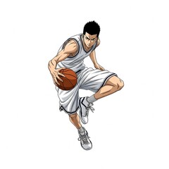 Dynamic anime basketball player in white uniform dribbling a ball with intense focus and athletic pose on white background