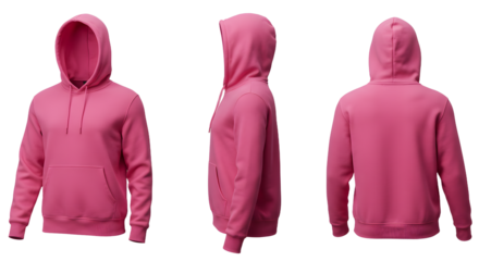 A vibrant pink hoodie displayed from multiple angles, showcasing its design, fabric texture, and fit for casual wear