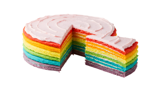 A vibrant rainbow layer cake with slices removed, showcasing colorful layers, perfect for celebrations and events