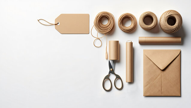Flat lay of craft supplies including twine, tag, scissors, envelope, and paper rolls on white