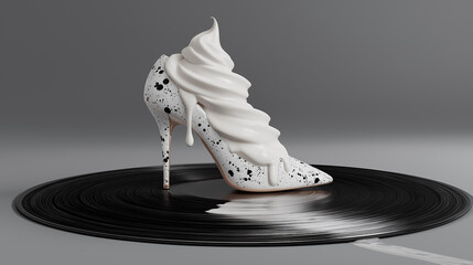A splatter-white high-heel stiletto, covered with a spiraling swirl of melting vanilla soft-serve, balances atop a glossy black vinyl record - Generative AI 