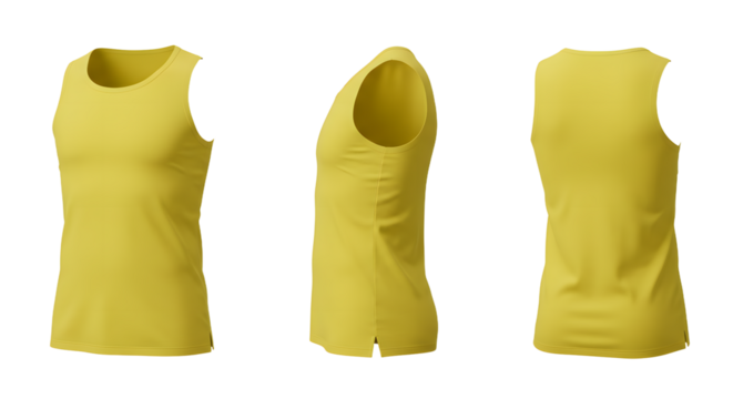 Bright yellow tank top displayed from multiple angles against a neutral background, ideal for fashion or sports apparel use