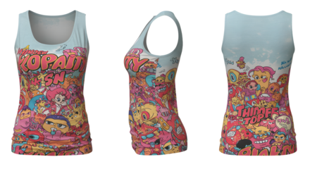 Colorful tank top featuring playful cartoon characters and vibrant designs, ideal for casual wear and summer activities