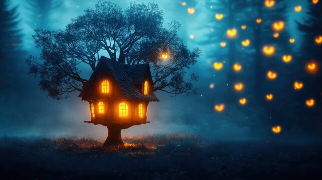 A glowing fairy-tale treehouse illuminates a misty forest at night, surrounded by floating heart-shaped lights.