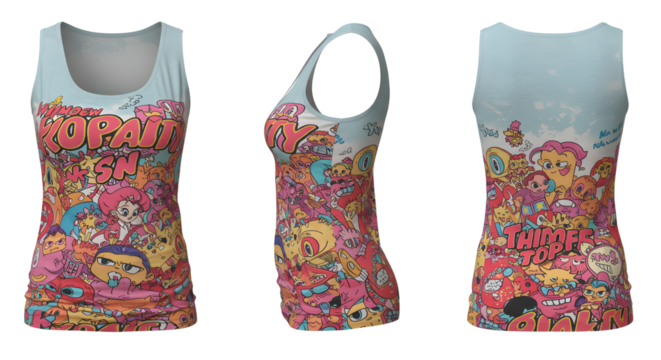 Colorful tank top featuring playful cartoon characters and vibrant designs, ideal for casual wear and summer activities
