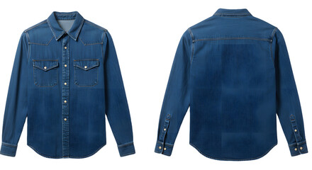 Classic blue denim shirt displayed from front and back, showcasing its design and texture against a neutral background