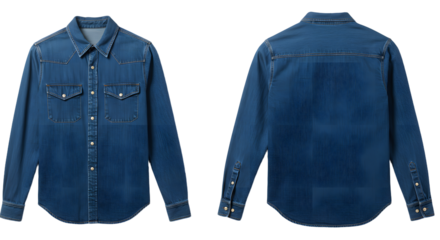 Classic blue denim shirt displayed from front and back, showcasing its design and texture against a neutral background
