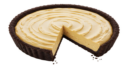 Creamy dessert pie with a chocolate crust, sliced to reveal smooth filling, set against a plain backdrop for culinary use