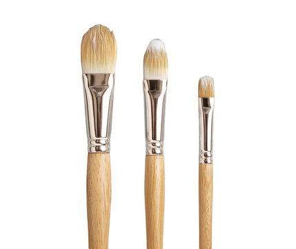 Three paintbrushes of varying sizes, light beige bristles, light brown wooden handles - Powered by Adobe