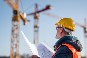 Engineer inspecting a construction site with cranes and blueprints