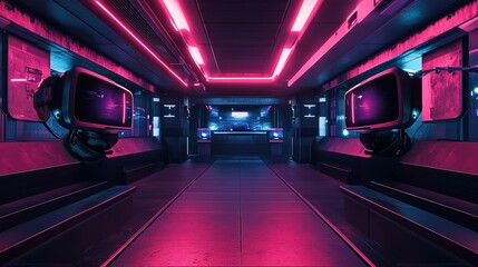 A cyber-glowing eSports arena where players compete using futuristic VR gear 