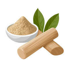 Illustration of sandalwood stick and sandalwood powder, with green leaves, isolated on white background.mortar and pestle