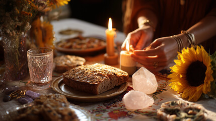 Hands placing candle near Lammas bread, crystals, and sunflower