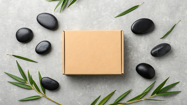 Spa gift box with smooth black stones and greenery