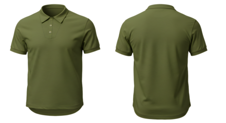 Olive green polo shirt displayed from front and back, showcasing fabric texture and design, ideal for casual wear