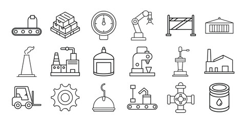 Collection of industrial and manufacturing icons representing factories machinery and logistics on a white background