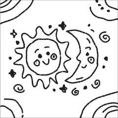 Obraz premium Cute Doodle Illustration of Moon and Sun Face with Stars