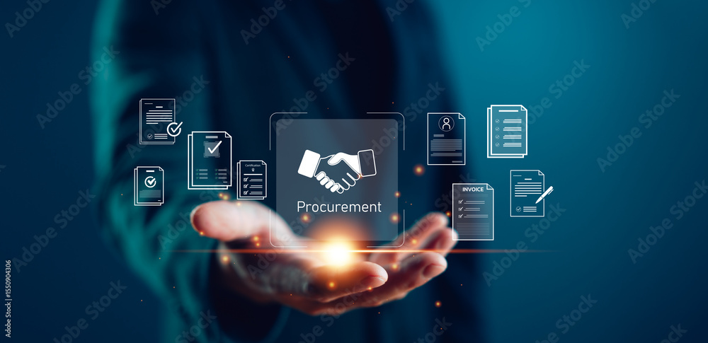 Poster Digital procurement innovation visual with a hand presenting icons of contracts and invoices. Ideal for illustrating e-Procurement, supply chain automation and smart B2B purchasing systems.