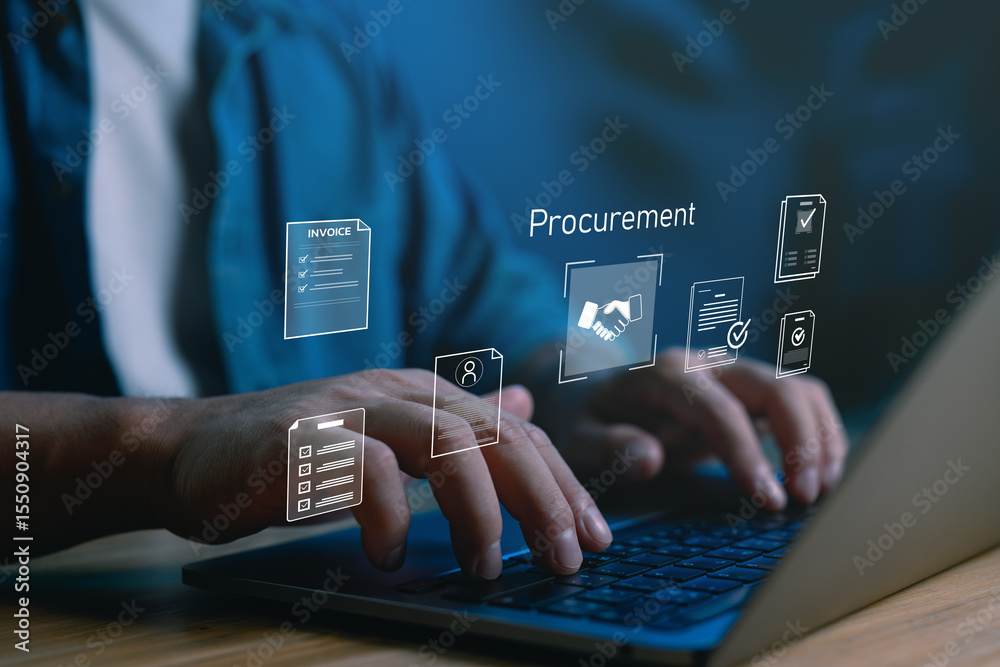 Poster Digital procurement system concept showing hands on keyboard with icons representing invoices, supplier management, contracts ideal for B2B solutions, enterprise software and supply chain tech.