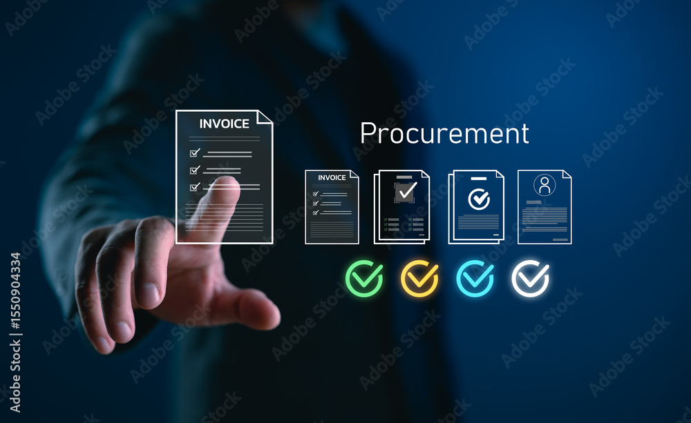Poster touchless digital procurement workflow concept showing a hand selecting invoice documents with verif