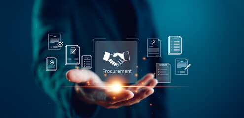 Digital procurement innovation visual with a hand presenting icons of contracts and invoices. Ideal for illustrating e-Procurement, supply chain automation and smart B2B purchasing systems.