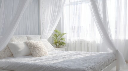 Peaceful white bedroom with sheer curtains, soft textures, and bright atmosphere