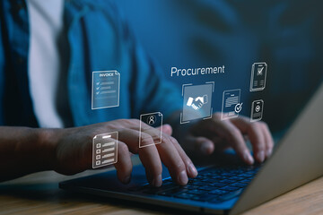 Digital procurement system concept showing hands on keyboard with icons representing invoices, supplier management, contracts ideal for B2B solutions, enterprise software and supply chain tech.