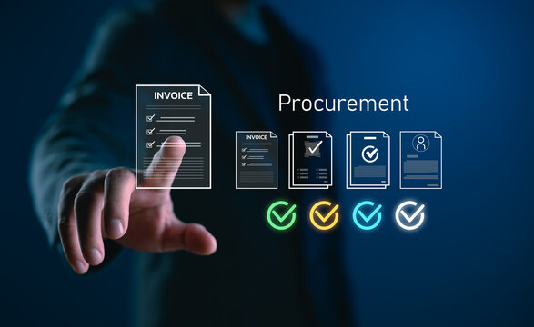 Touchless digital procurement workflow concept showing a hand selecting invoice documents with verification icons. Suitable for ERP software, B2B purchase management and paperless approval systems.