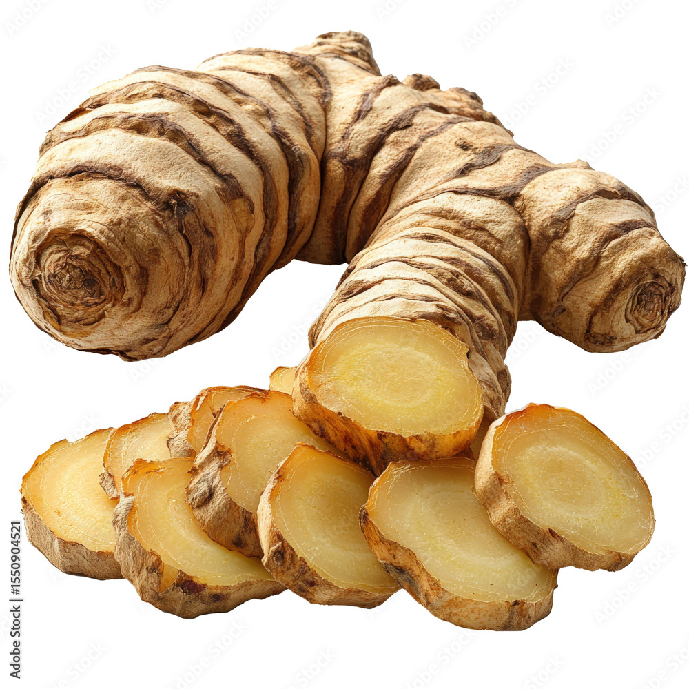 Poster Sliced galangal root showing its interior pattern, isolated on transparency background. root has rough, textured exterior with light yellow interior, commonly used in cooking and herbal remedies