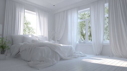 Stylish bedroom with brilliant white bed, curtains, and walls reflecting purity and harmony