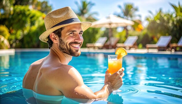 Happy Man Poolside Cocktail Tropical Vacation. - Powered by Adobe