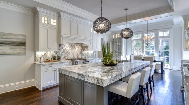 Touch of Gray kitchen island contrasting against white cabinets for visual depth and balance