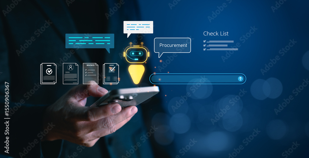 Fototapete AI-powered procurement system concept with chatbot and digital invoice icons on mobile device, representing automation in B2B purchasing and mobile supply chain management solutions.