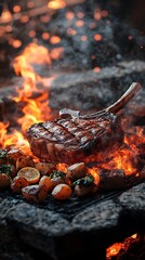 Grilled Tomahawk Steak and Potatoes Roasting Over an Open Fire with Intense Flames