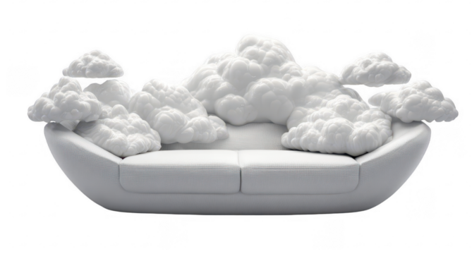 White sofa with fluffy cloud-like cushions