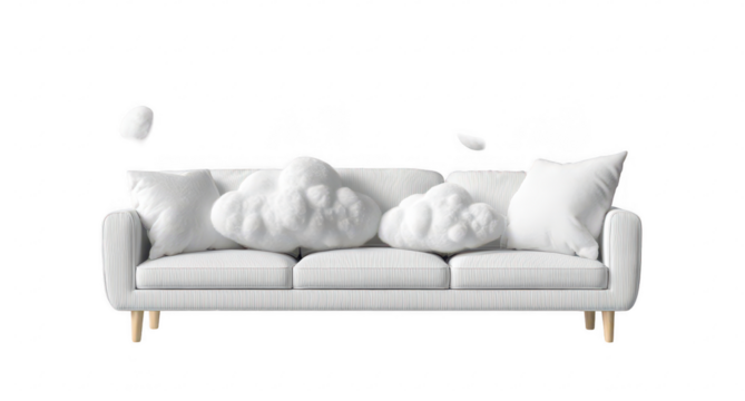 White couch with cloud-shaped pillows, floating clouds