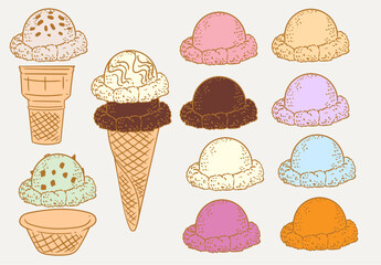 A set of original ice cream illustrations to assemble, hand-drawn in ink. Original drawings of ice cream cones and tubs.